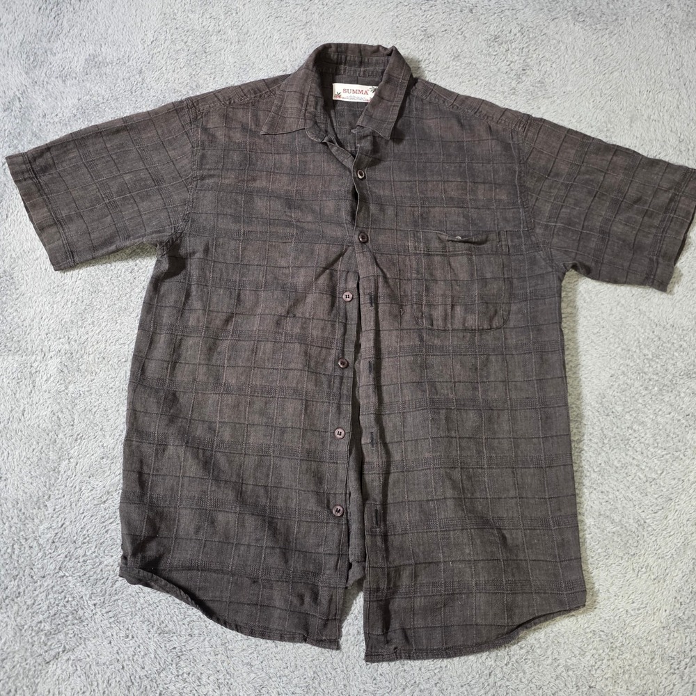Summa Mens Medium Button Down Shirt Brown Linen Blend Grid Short Sleeve Pocket